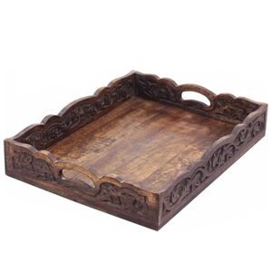 Big Rustic Wooden Carved Serving Tray Floral Wood Carving Breakfast In Bed Decor